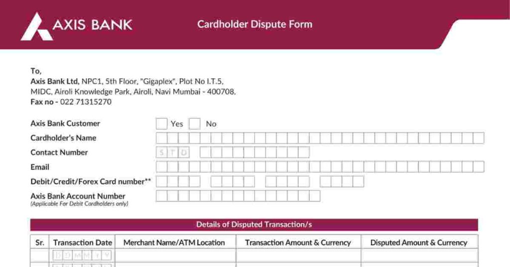 Axis Bank Dispute Form Download