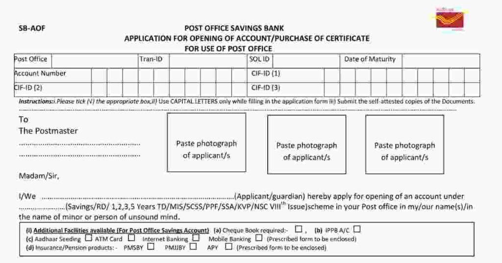 Post Office Saving Account Application Form PDF