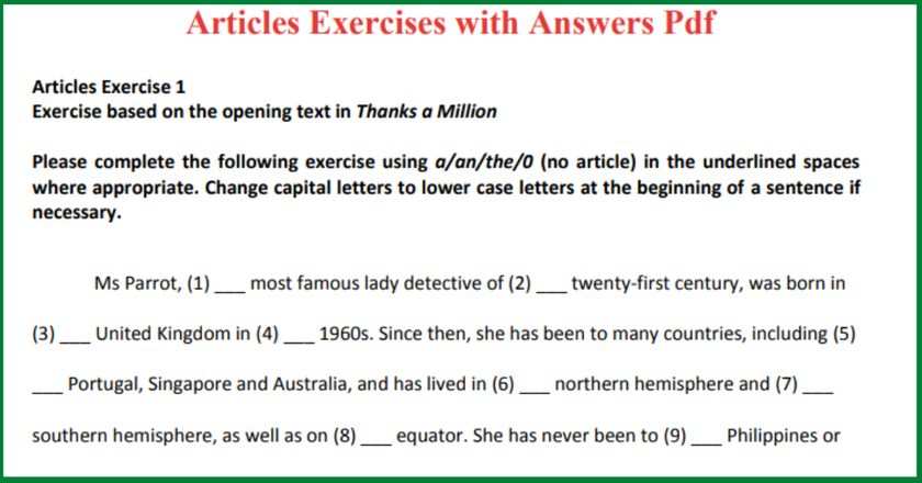 Articles Exercises with Answers Pdf